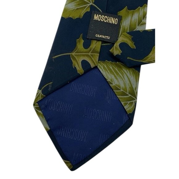 MOSCHINO Men's 100% Silk Necktie LUXURY Tie Blue Green Leaf W:3.7" EUC - Picture 6 of 6